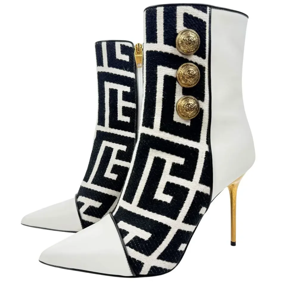 Balmain Roni Monogram Jacquard Leather Ankle Booties White Size 37.5